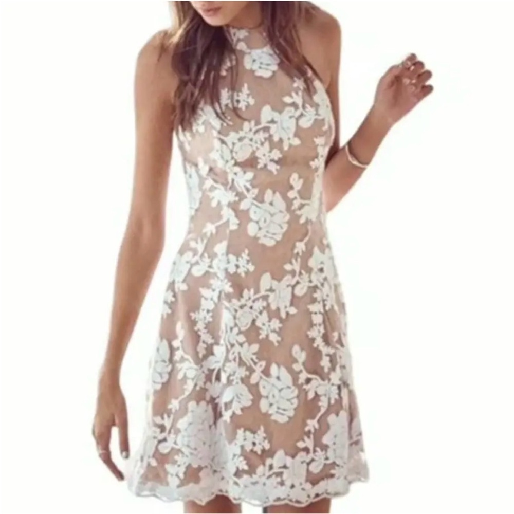 Dress the Population Abbie halter dress mini sequined beige white L Fairycore